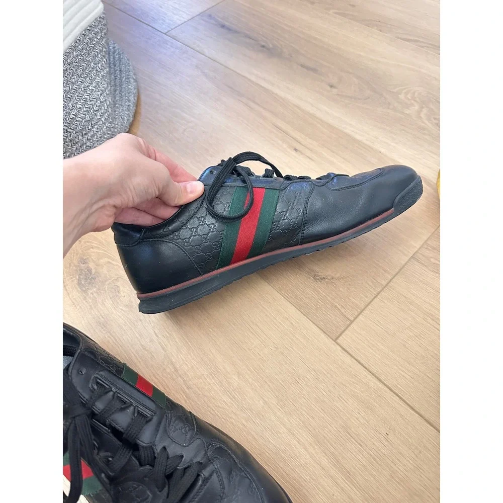 Gucci Mens Black Guccissima Leather Web Stripe Low Top Sneakers size 10